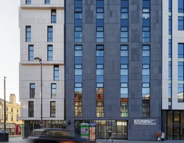 Modern building with many windows exterior at The Ascent in Liverpool Student Accommodation