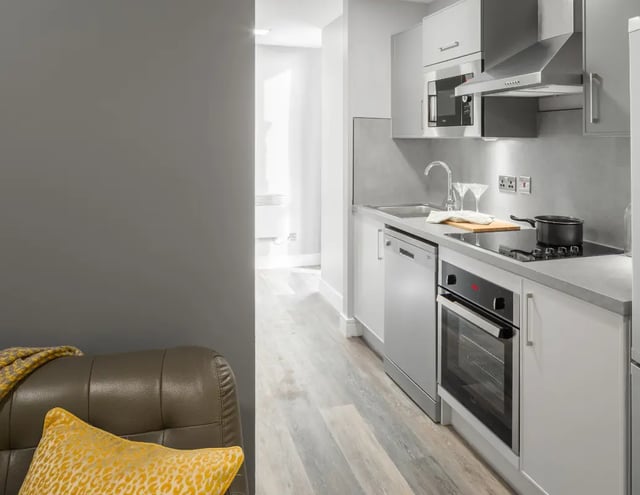 Modern kitchen with oven microwave sink Kitchen at The Ascent in Liverpool Student Accommodation
