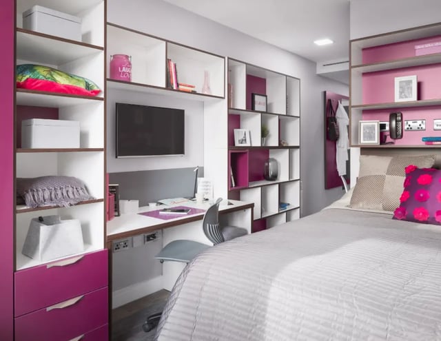 Bed desk shelves TV and storage bedroom at The Ascent in Liverpool Student Accommodation