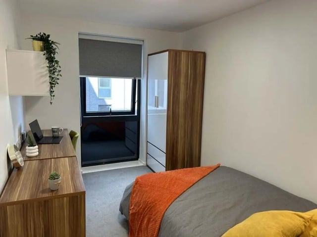 Desk laptop plants wardrobe bed orange throw bedroom at Nebula in Sheffield Student Accommodation