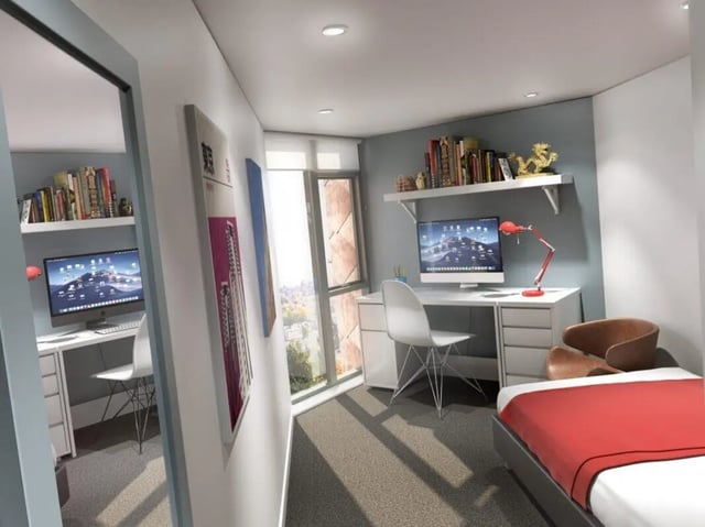 Desk computer bed and chair bedroom at Nebula in Sheffield Student Accommodation