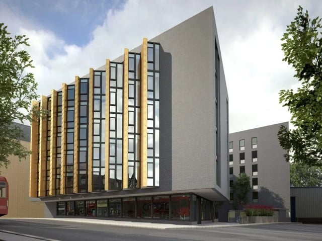 Modern student accommodation building with large windows exterior at Stratus in Sheffield Student Accommodation