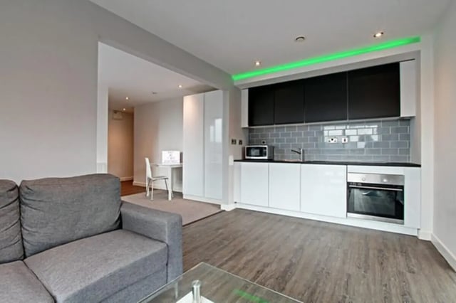 Sofa kitchen study area living room at Printworks in Sheffield Student Accommodation