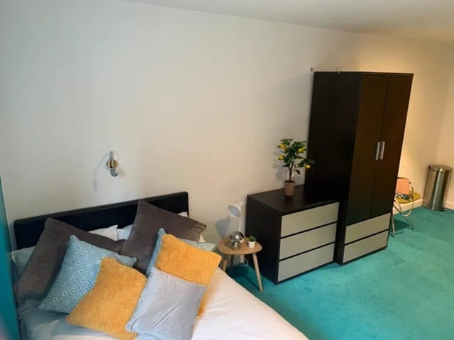 Bed dresser wardrobe and plant bedroom at Plato House in Liverpool Student Accommodation