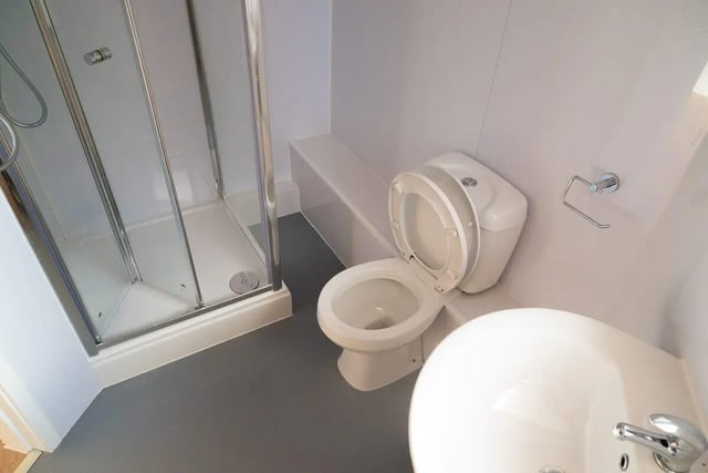 Shower toilet sink and shelf bathroom at MSV South in Manchester Student Accommodation