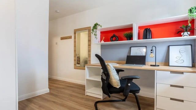 Desk chair laptop shelves art plants study area at MSV South in Manchester Student Accommodation