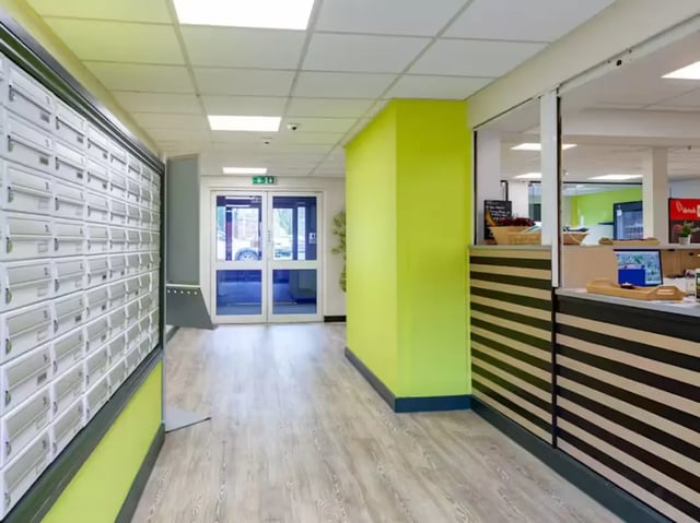 Mailboxes entryway and reception desk area interior at Trinity Student Village in Preston Student Accommodation