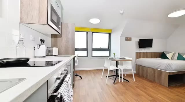 Kitchen bed study area living room exterior at The Mill House in Edinburgh Student Accommodation