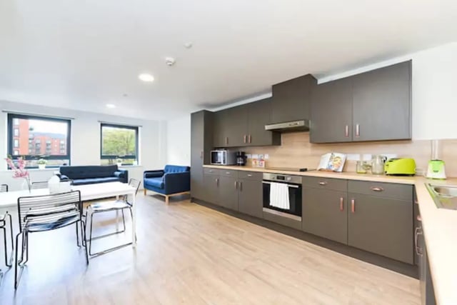 Modern kitchen with dark cabinets oven and sofa area kitchen at The Towpath in Chester Student Accommodation