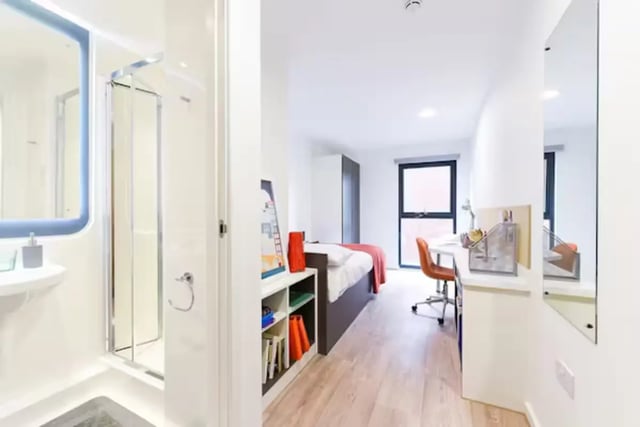 Shower bed desk chair bookshelf bedroom at The Towpath in Chester Student Accommodation