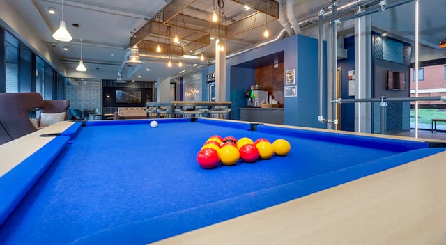 Billiard table with balls communal lounge area at The Tramshed in Preston Student Accommodation