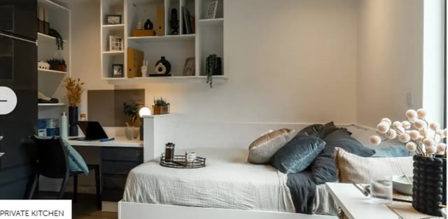 Bed desk shelves and pillows Bedroom at Palamon Court in Canterbury Student Accommodation