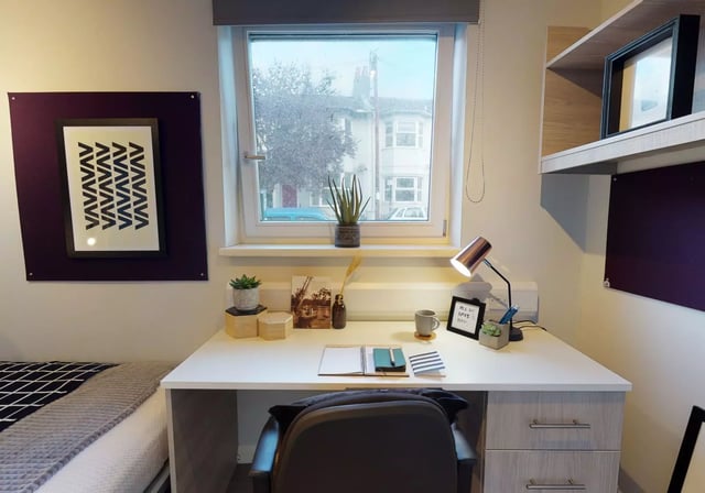 Desk with lamp plants and artwork study area at iQ Sawmills in Brighton Student Accommodation