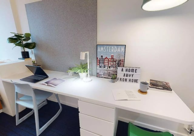 Desk with laptop plants lamp books and Amsterdam poster Study area at iQ Brighton in Brighton Student Accommodation