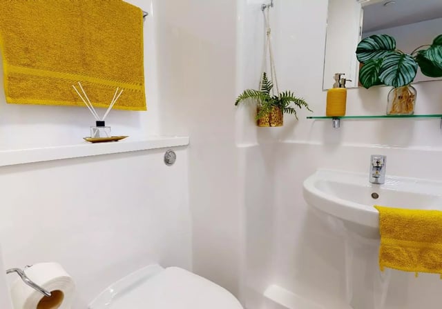 Toilet sink yellow towels and plants bathroom at iQ Altus House in Leeds Student Accommodation