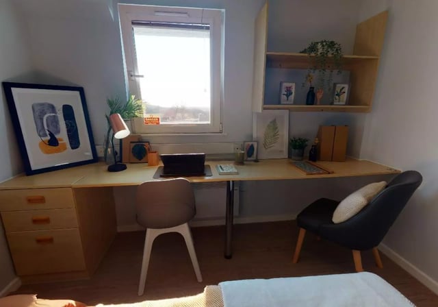 Desk with chairs and art Bedroom study area at Opal Court Leicester in Leicester Student Accommodation