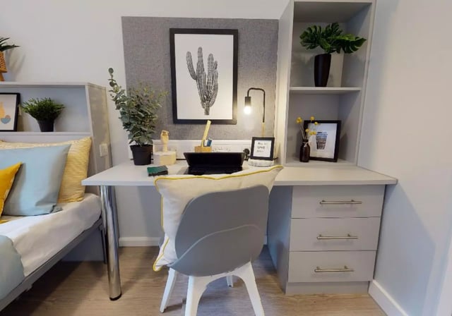Desk with chair plants and bed study area at iQ Will Wyatt Court in London Student Accommodation