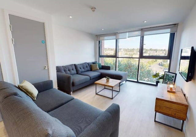 Sectional sofa coffee table television living room at iQ Haywood House in London Student Accommodation