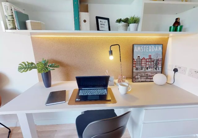 Desk with laptop plant and Amsterdam poster study area at iQ Flinders House in London Student Accommodation