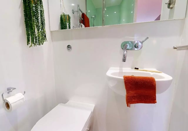 Toilet sink towel toothbrush hanging plant bathroom at iQ East Court in London Student Accommodation