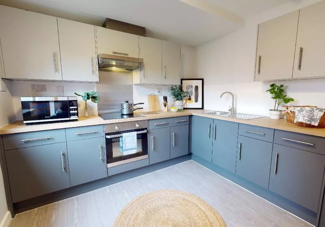 Modern grey cabinets microwave oven sink kitchen at iQ Manchester Gardens in Manchester Student Accommodation
