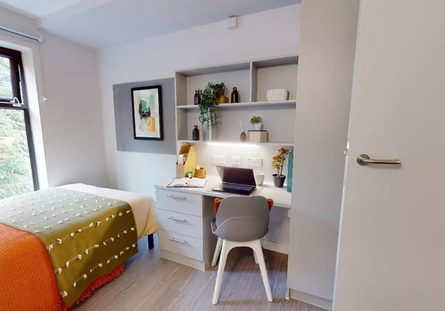 Bed desk chair shelves laptop and painting bedroom at iQ Manchester Gardens in Manchester Student Accommodation