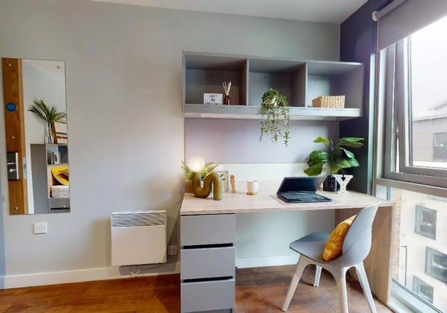 Desk laptop plants and chair study area at iQ Knight House in Sheffield Student Accommodation