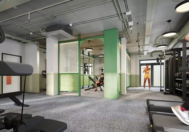 Gym equipment weights and people exercising gym at Longwood Place in Coventry Student Accommodation
