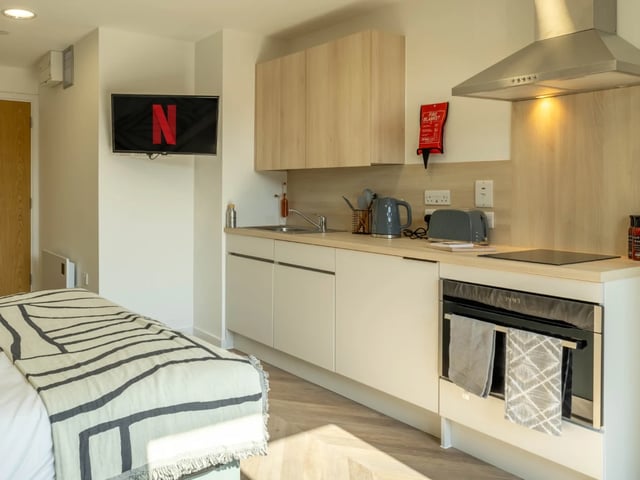 Bed Netflix and kitchen area studio apartment at The Brook in Bath Student Accommodation