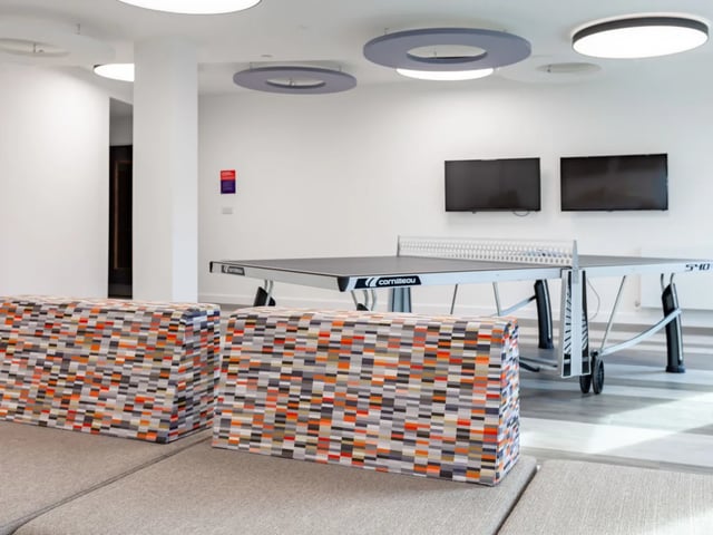 Ping pong table and modern seating communal area at Pavilion Point in Brighton Student Accommodation