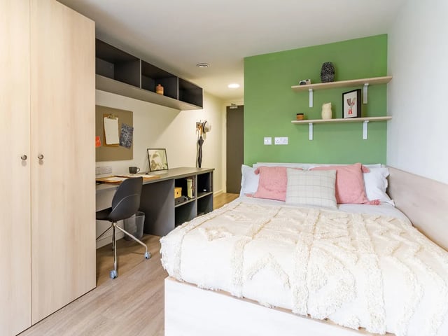 Bed desk and wardrobe student bedroom at Dun Holm House in Glasgow Student Accommodation