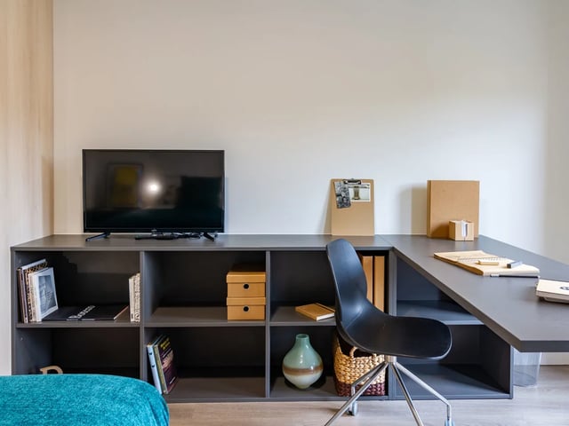 TV bookshelves desk chair study area at Dun Holm House in Glasgow Student Accommodation