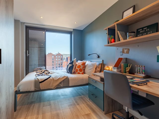Bed desk and shelving student bedroom at Benson Yard in Liverpool Student Accommodation