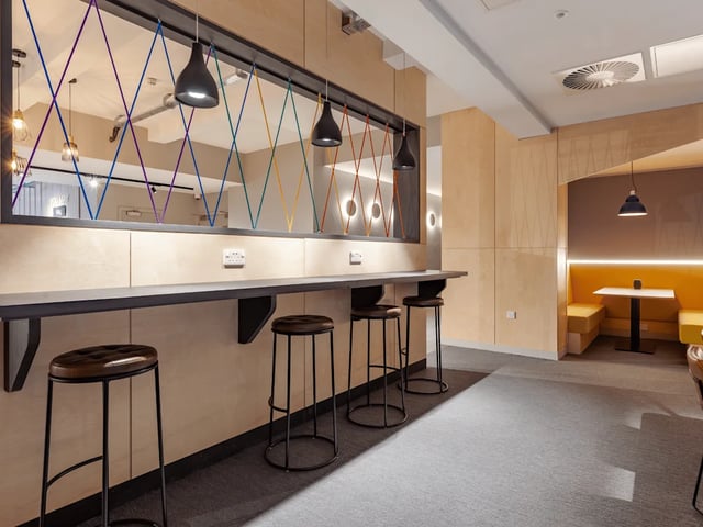 Bar stools and booths common area at Benson Yard in Liverpool Student Accommodation