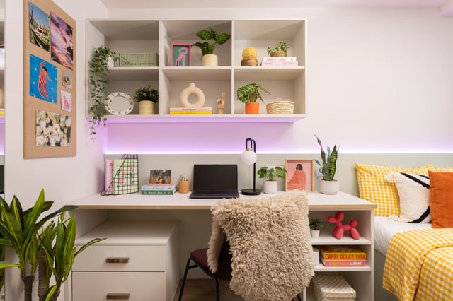 Desk laptop chair shelving and bed study area at Cedar House in Liverpool Student Accommodation