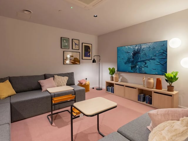 Lounge with grey sofa large TV and pink carpet living room at The Waterways Nottingham in Nottingham Student Accommodation