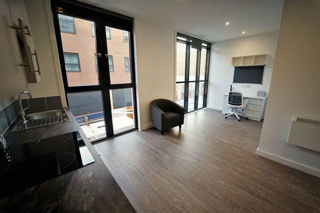 Sink desk chair and shelving student studio apartment at St Marks Court - Nottingham in Nottingham Student Accommodation