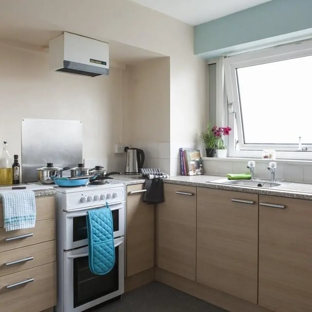 Kitchen with stove sink and cabinets kitchen at John Lester and Eddie Colman Courts in Salford Student Accommodation