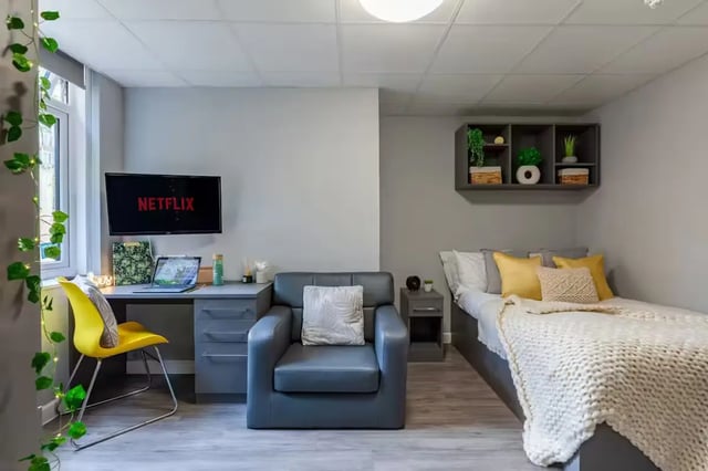 Bed desk chair Netflix TV bedside table bedroom at Allen Court in Manchester Student Accommodation