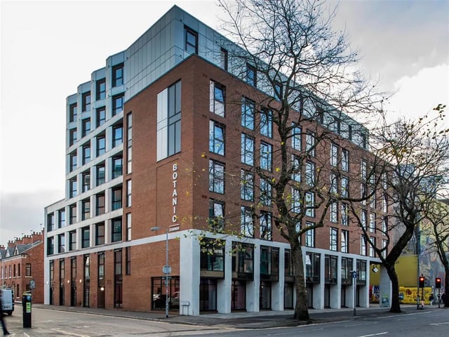 Modern brick building with large windows exterior at Botanic Studios in Belfast Student Accommodation