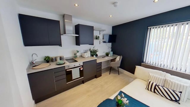 Kitchen desk and bed Student studio at Dojo House Nottingham in Nottingham Student Accommodation