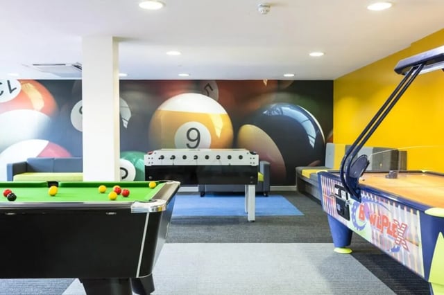 Pool table foosball and air hockey tables playing area at Peel Park Quarter in Salford Student Accommodation