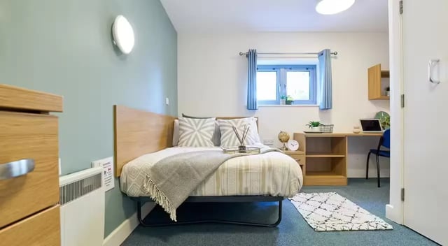 Bed heater desk laptop rug bedroom at Barker House in Newcastle Upon Tyne Student Accommodation