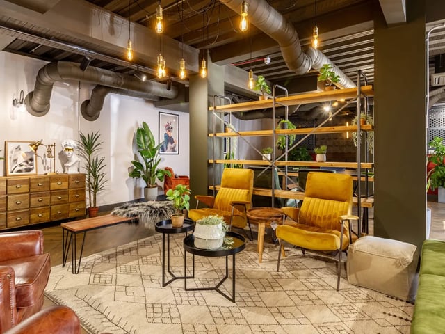 Seating, plants, shelves, and industrial decor living room at Truro Sheffield in Sheffield Student Accommodation