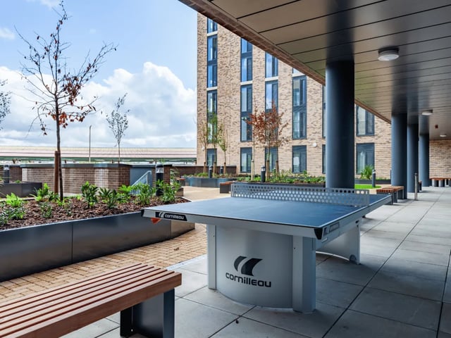 Ping pong table and benches outdoor area at Ty Nant in Swansea Student Accommodation