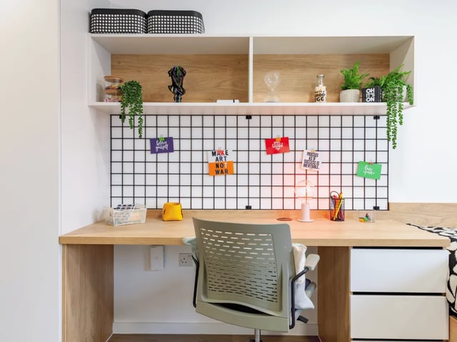 Desk with chair lamp plants and wall grid Study area at Ty Nant in Swansea Student Accommodation