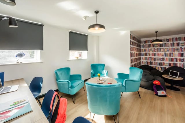 Velvet armchairs beanbags laptop library wallpaper living room at Crosstrend House in Lincoln Student Accommodation