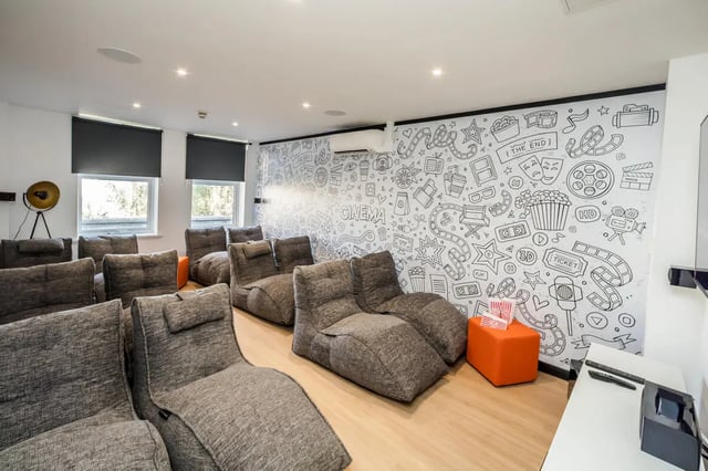 Beanbag chairs on wooden floor cinema room at Crosstrend House in Lincoln Student Accommodation