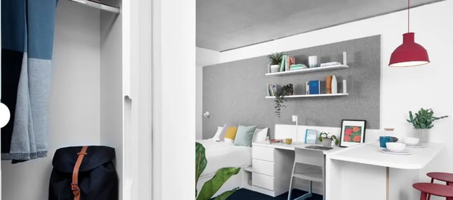 Bed desk shelves plants and backpack bedroom at Scape Guildford in Guildford Student Accommodation