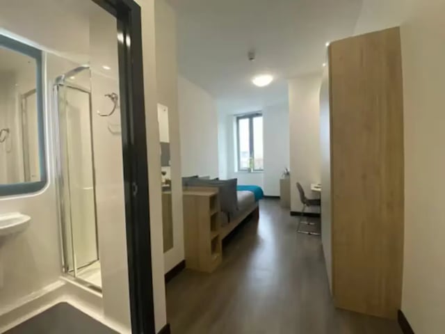 Shower sink bed desk wardrobe living room at Swanston House in Belfast Student Accommodation